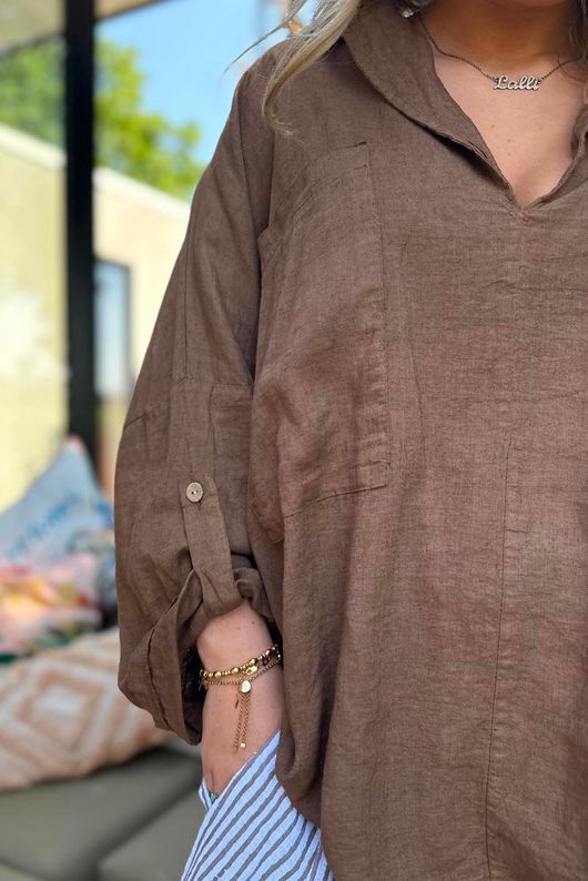 Sandbar Linen Blend Pop Over Shirt Walnut